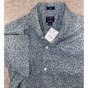 J. Crew Flex Washed Slim Fit Shirt Floral Green Blue Flowers Short Sleeve Mens M